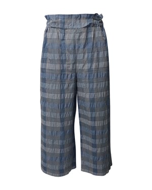 Ganni seersucker cropped broek met wijde pijpen en ruitpatroon in blauw biologisch katoen