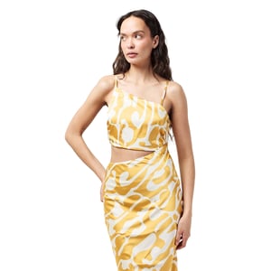 AX Paris Midi-feestjurk voor dames van polyester met asymmetrische uitsnijdingen (Mosterdprint)