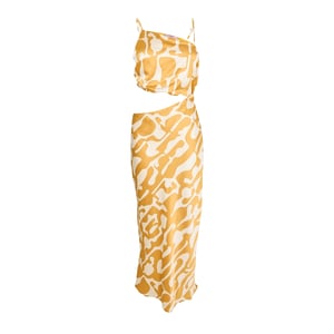 AX Paris Midi-feestjurk voor dames van polyester met asymmetrische uitsnijdingen (Mosterdprint)
