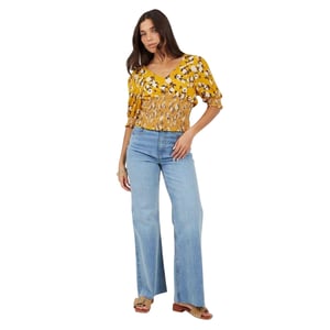 Brave Soul Damesblouse met bloemenprint, V-hals en pofmouwen (Bloemen/Geel)