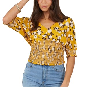 Brave Soul Damesblouse met bloemenprint, V-hals en pofmouwen (Bloemen/Geel)