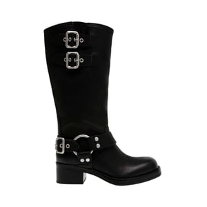 Steve Madden Motorrijlaarzen voor dames in oosterse stijl, van leer en met gespdetails (Zwart)