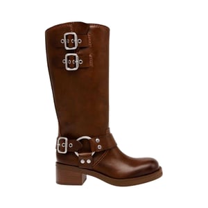 Steve Madden Motorrijlaarzen voor dames in oosterse stijl, van leer en met gespdetails (Bruin)
