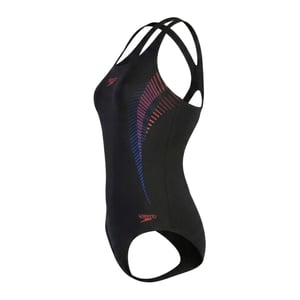 Speedo Dameszwempak met abstracte print en muscleback-ontwerp (Zwart, Rood)