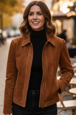 Dames beige suède leren bomber Blouson Varsity Jas - Stella