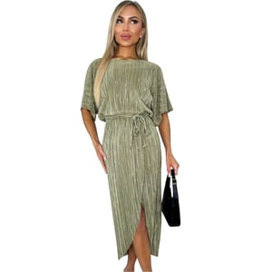AX Paris Midi-jurk met plissé, strikceintuur en korte mouwen voor dames (Licht Khaki)