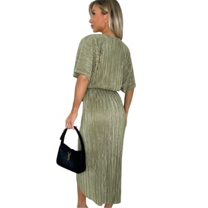 AX Paris Midi-jurk met plissé, strikceintuur en korte mouwen voor dames (Licht Khaki)