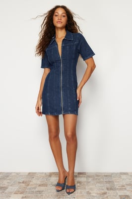 Damesjurken Blau Unifarben Mini Short Casual Fitted