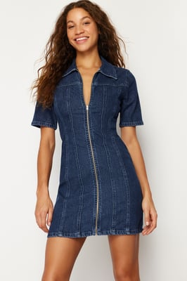 Damesjurken Blau Unifarben Mini Short Casual Fitted