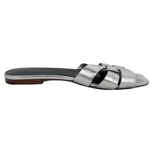 Saint Laurent Tribute Geweven Metallic Slides in Zilver Leder
