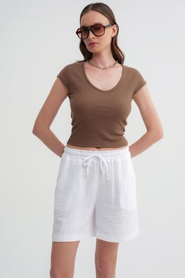 Hoge Taille Textuur Katoenen Shorts