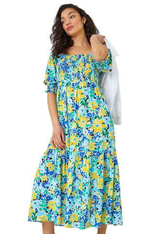 Floral Stretch Shirred Midi Dress