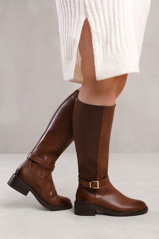 Wheres That From Womens 'Bode' Stretch Wide Calf Knee High Boots With Buckle Detail
