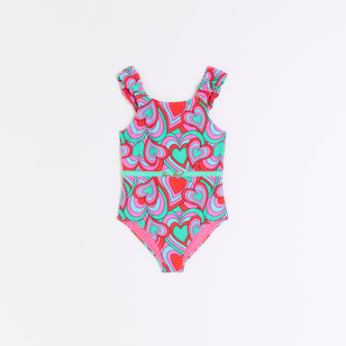 River Island Girls Swimsuit Green Heart Print Frill