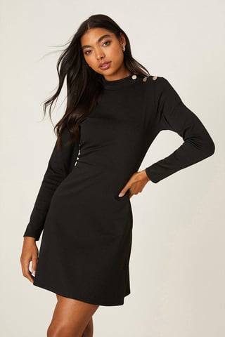 Black Ponte High Neck Button Mini Dress