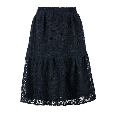 Zwarte midi-rok met kantjacquard – Zachte textuur van polyester, elastische taille