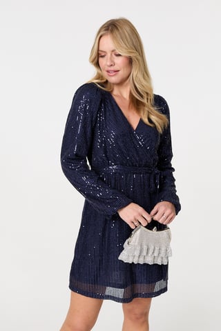 Navy Sparkly Sequin Long Sleeve Mini Wrap Dress