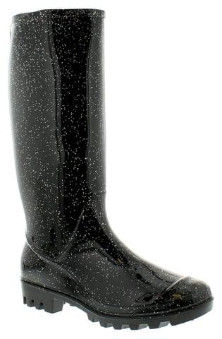Dames/dames zwarte lange been pvc wellingtons met een glitter afwerking.