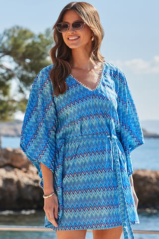 Blue Chevron Print Kaftan With Pom Pom Trim