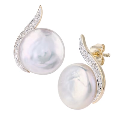 9ct geel goud, 0,01 ct diamanten met oorbellen met witte gekweekte parels