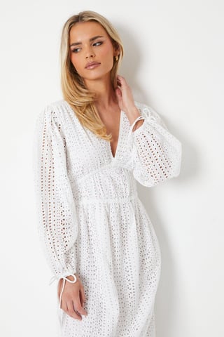 Petite Broderie Tie Front Puff Sleeve Midi Dress