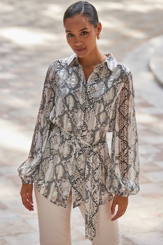 Snake Print Relaxed Fit Belted Longline Shirt