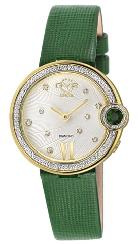 GV2 Women's Perugia Diamond Watch, IPYG Case, Silver/White Dial, Genuine Saffiano Green Handmade Leather Strap