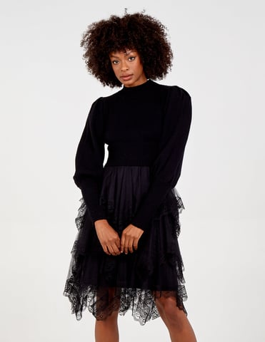 High Neck Puff Sleeve Mesh Trim Jumper