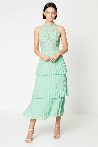 Lace Sleeveless Pleated Tiered Midaxi Dress