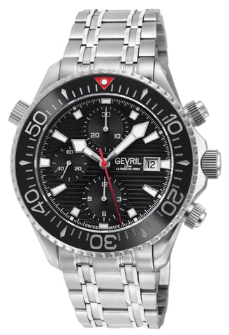Gevril Men's Hudson Yards Chronograph Swiss Automatic, 316L Stainless Steel Case, Black Enamel Dial,316L Stainless Steel Bracelet Watch.