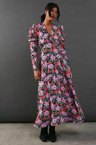 Floral Viscose V Neck Long Puff Sleeve Midi Dress