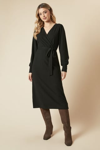 Brushed Wrap Belted Midi Dress