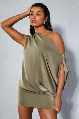 Satin Off Shoulder Asymmetric Bodycon Mini Dress