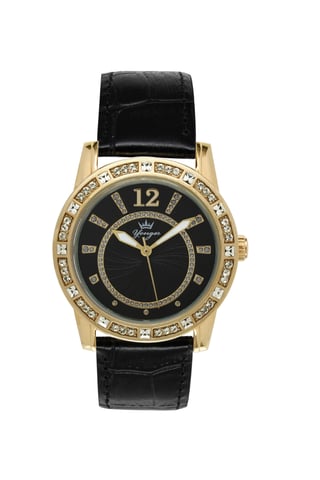 Yonger and Bresson Black Dial Black Band Watch With Gold Case