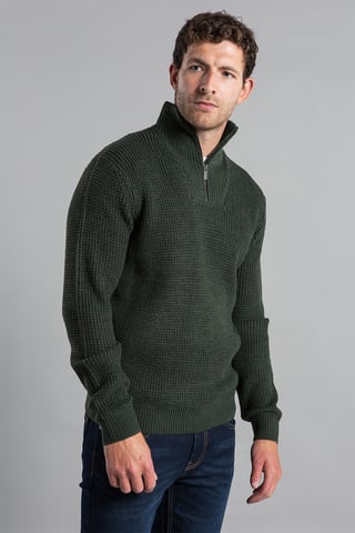 Olive Waffle Knit Jumper With 1/4 Zip Funnel Neck