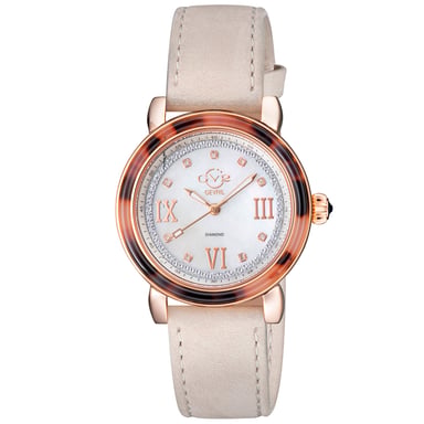 GV2 Marsala Tortoise Zwitsers quartz diamanten parelmoer wijzerplaat, bruin suède band horloge