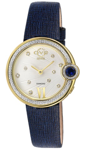 GV2 Women's Perugia Diamond Watch, IPYG Case, Silver/White Dial, Genuine Saffiano Blue Handmade Leather Strap