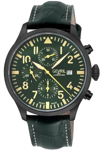 Gevril Vaughn Chronograph Olive Leather Swiss Automatic ETA 7750 Watch