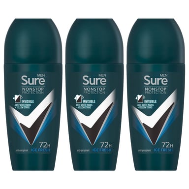 Sure Men Anti-Perspirant Roll On 72H Nonstop Protection Ice Fresh 50ml, 3 Pack