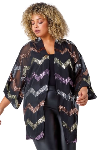Curve 3/4 Sleeve Sequin Zig Zag Kimono