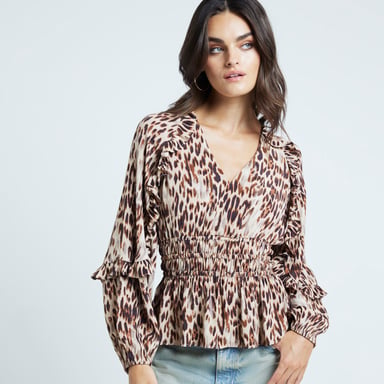 River Island Womens Blouse Beige Leopard Print Frill