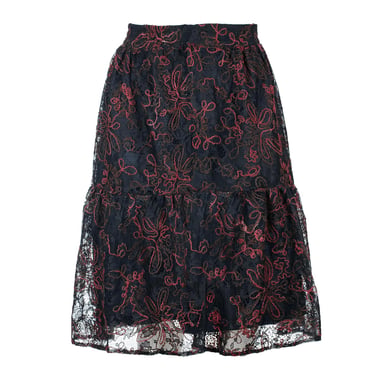 Zwarte kanten rok met donkerrode stiksels – Viscose-wolmix, onder de knie, elastische taille