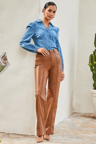Tan Leather Button Front Wide Leg Trousers