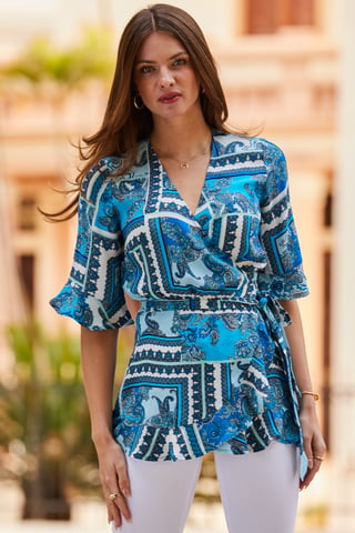 Blue Scarf Print Ruffle Detail Wrap Top