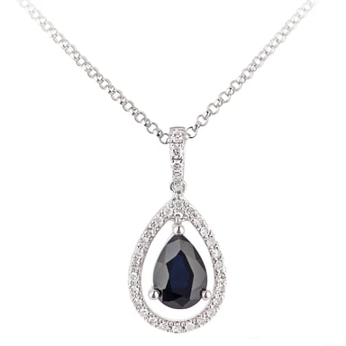 18kt witgouden ketting met druppelvormige hanger van saffier en diamant