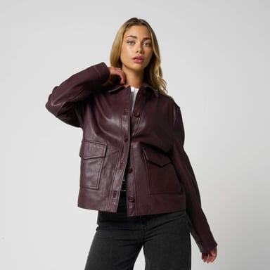 Barneys Originals Real Leather Utility Jacket In Burgundy