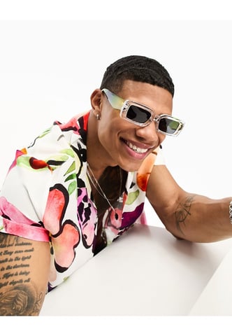 ASOS DESIGN oversized rectangle sunglasses with bevelled frame and smoke lens in crystal with lime spray-Clear