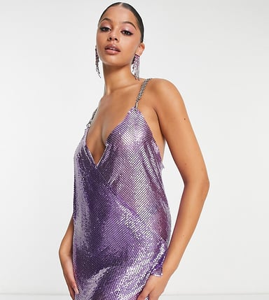 Simmi Tall embellished chainmail strappy wrap over mini dress in purple