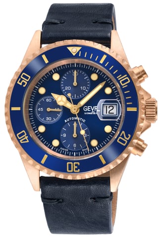 Gevril Mens Wall Street Swiss Automatic ETA 7750 Ceramic Bezel, Genuine Handmade Italian Leather Watch