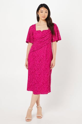 Lace Wrap Waist Flutter Sleeve Midi Dress